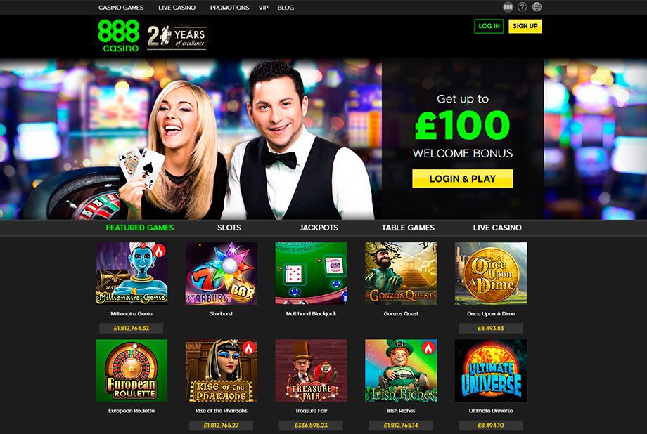 888 Casino homepage screenshot with welcome bonus and featured games