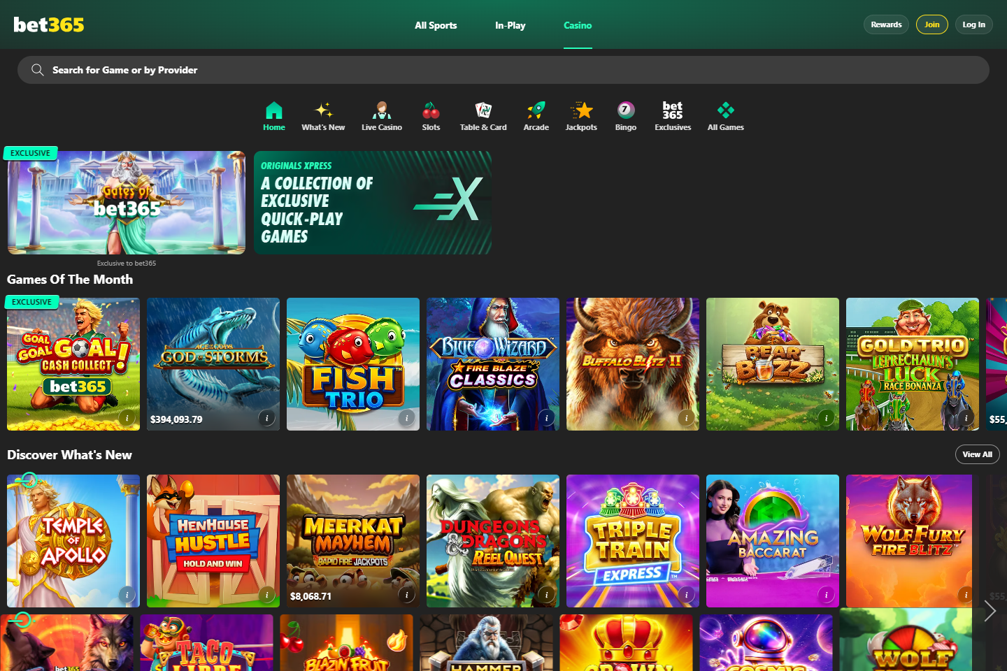 Bet365 casino homepage screenshot showing slots and casino navigation