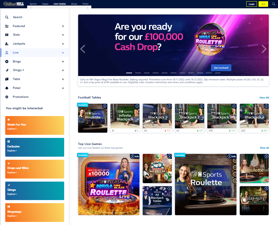 William Hill Vegas screenshot showing casino navigation and live casino game tiles